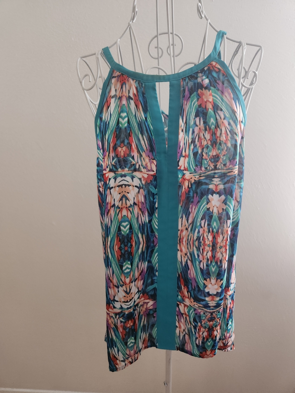 Nicole by Nicole Miller Teal Kaleidoscope Keyhole Halter Tank Top M